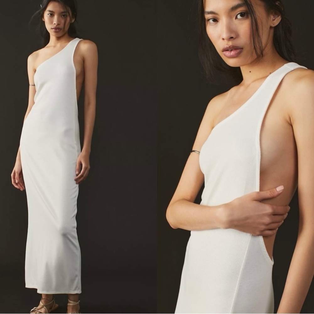 FREE PEOPLE FP Beach Saturday Night Ribbed Cut Out White One Shoulder Dress